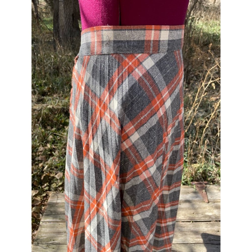 Vintage 1970s Wool Blend Plaid Pleated Skirt Gray Orange Size M - Picture 3 of 11